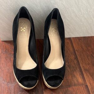 Vince Camuto Black Suede Peep-Toe Wedges